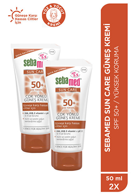 Güneş Kremi SPF 50+ 50 ml 2 Adet Set UVA UVB Filtreli E Vitamini Üçlü Yüksek Koruma Çok Yönlü