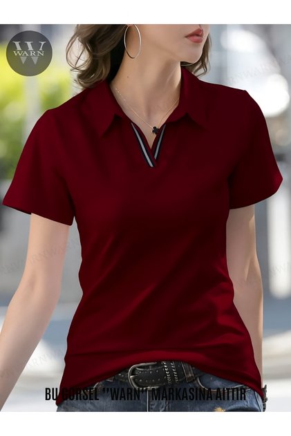 Women's Burgundy Polo Neck Patched Striped Short Sleeve Bodysuit Slimfit Flexible Stretch Fabric 100% Cotton Summer