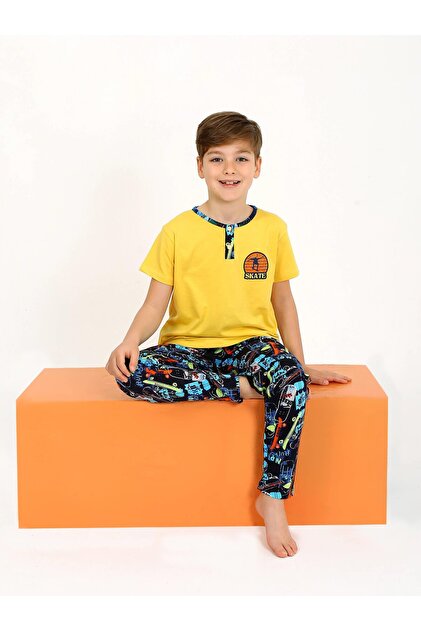 Boy's Short Sleeve Button Detailed 100% Cotton Pajama Set Skate