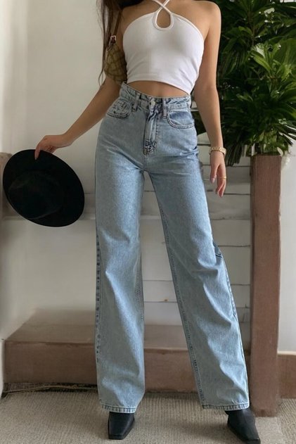 Elçin Women's Snow Wash High Waist Stretchy Wide Leg Jeans