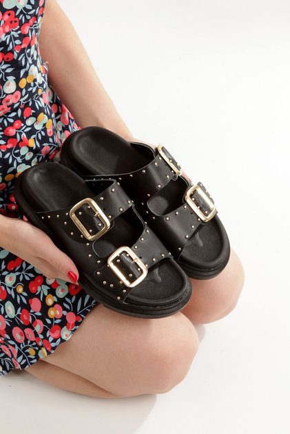 Zaris Black Genuine Leather Double Buckle and Gold Studded Women's Slippers