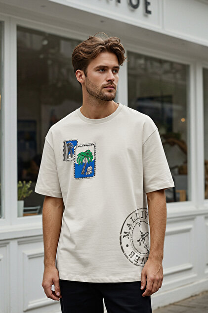 Trendyolmilla Man Ekru Oversize/Geniş Kesim Tropikal Baskılı %100