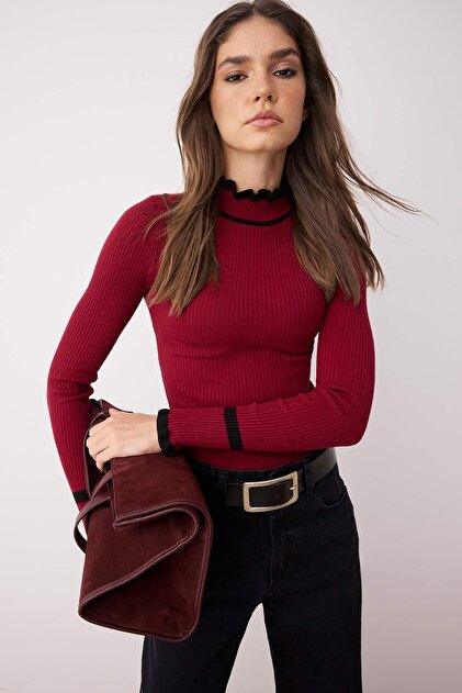 Bordo Fitted Renk Bloklu Triko Kazak TWOAW22KZ1250