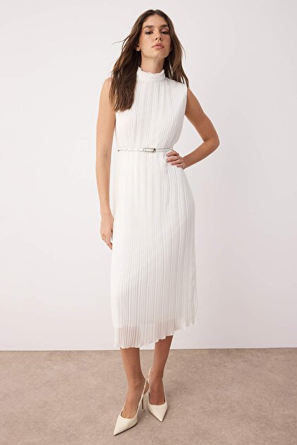 Trendyol Collection White Belted Straight Cut Pleated Midi Lined Chiffon Woven Dress Twoss25El00118- Trendyol Trendyol Collection White Belted Straight Cut Pleated Midi Lined Chiffon Woven Dress Twoss25El00118- Trendyol