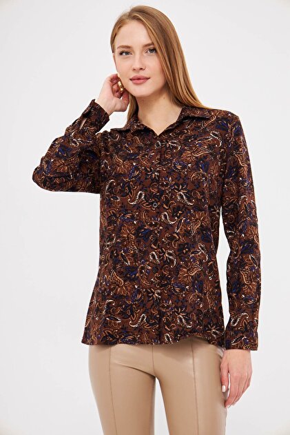 Women's Brown Patterned Long Sleeve Shirt Arm-25K 001040