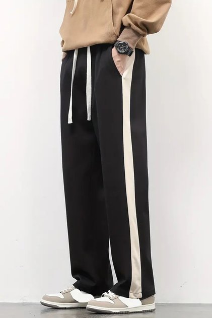 Erkek Kalın Şerit Casual Oversize Siyah Eşofman Altı
