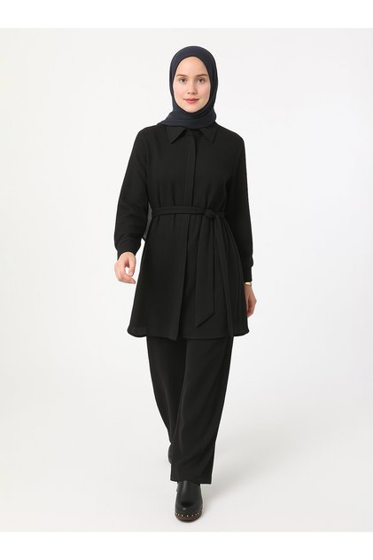 Soft Buttoned Tunic Pants Double Set - Black -