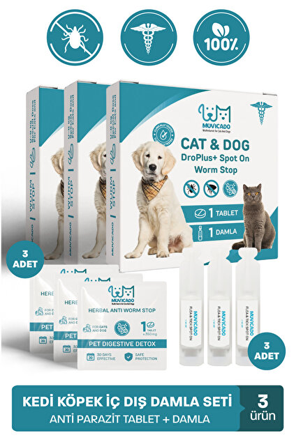 Kedi Köpek Herbal Worm Stop Bitkisel Tablet 250 mg+ Anti Spot On Bitkisel Damla 1 ml Bit Pire Kene