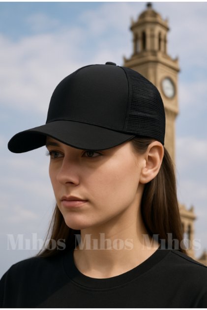 Plain Black Color Unisex Hat with Mesh Back