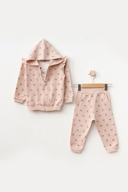 Baby Girl Bird Patterned Sweatshirt Trousers T-Shirt 3-Piece Top and Bottom Baby Set 3 Months-36 Months