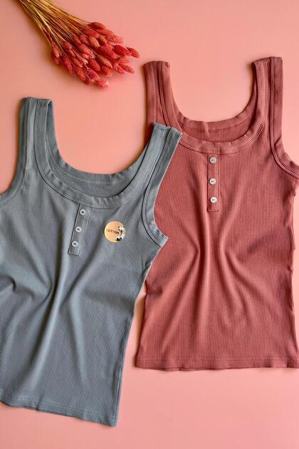 Livora 2-Piece Lycra, Cotton Rib Tank Top with Buttons and Comfortable Design (Dusty Rose and Light Blue)