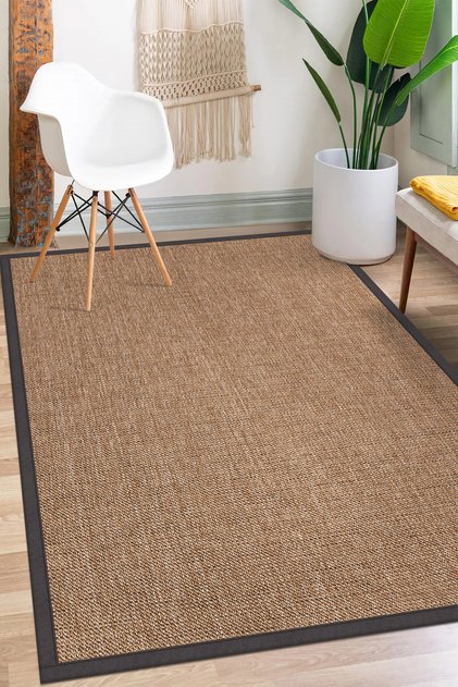 0604-Antrasit Kumaş Bordür Sisal Jut Halı Kilim Hav Toz Vermez Kolay Temizlenen Hasır Kilim