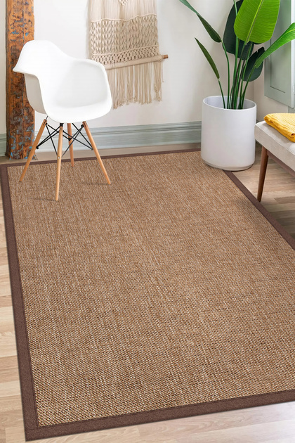 SARAZ HALI 0604-Kahve Kumaş Bordür Sisal Jut Halı Kilim Hav Toz