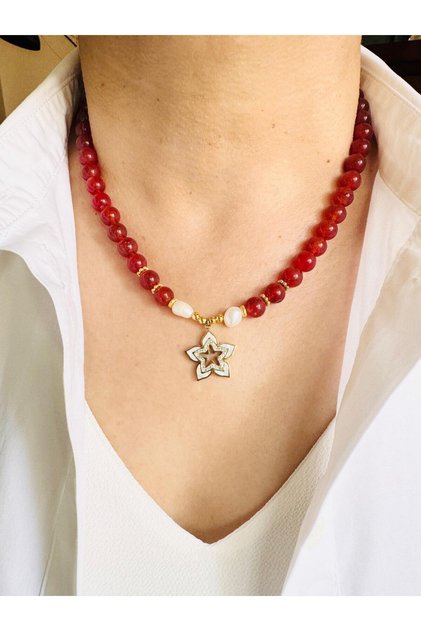Agate Natural Stone, Real Pearl and Steel Tip Necklace 45 cm