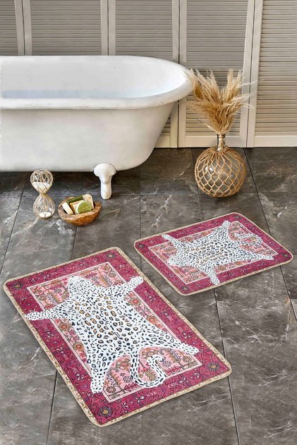 Leopard Carpet Patterned Pink-White Non-Slip Base Washable 2-Piece Bath Mat Set
