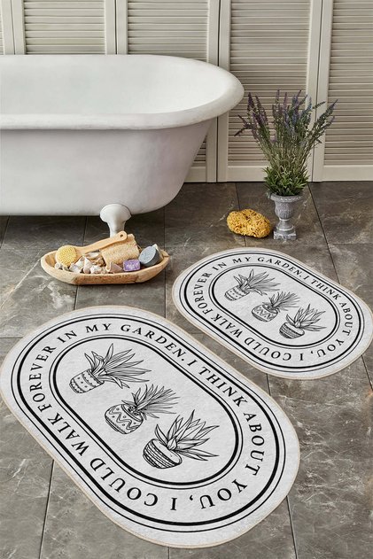 Black Striped Potted Plant Patterned Modern Gray Set of 2 Non-Slip Base Washable Bath Mat Set