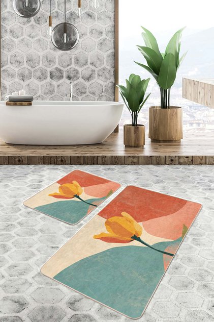Yellow Floral Orange-Green Abstract Pattern Non-Slip Base Washable 2-Piece Bath Mat