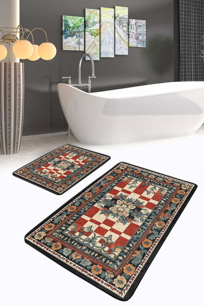 Checkered Flower Patterned Vintage Non-Slip Base Washable 2-Piece Bath Mat Set