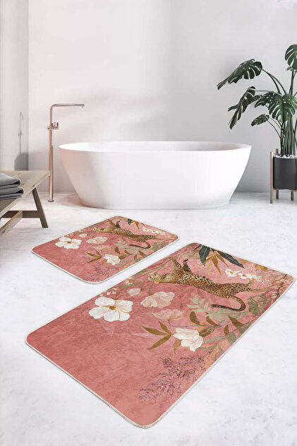 Pink Floor Leopard and Flower Patterned Non-Slip Base Washable 2-Piece Bath Mat