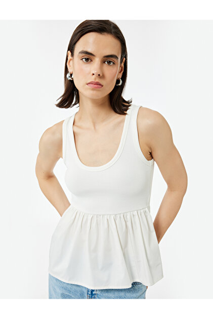 Cotton Two Different Fabrics Use U-Neck Peplum Cut Tank Top