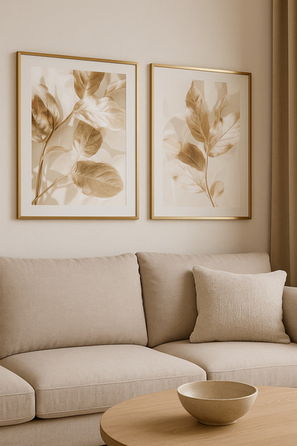 Altın Yapraklar – Gerçek Cama Baskı Gold Alüminyum Metal Çerçeveli 2'li Modern Tablo
