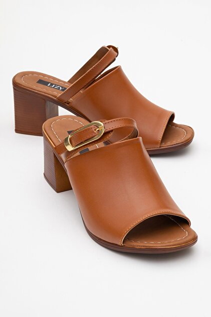 Lizy Shoes Kadın Taba Kalın Bantlı Toka Detaylı Topuklu Günlük