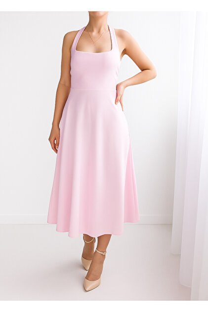 Square neck midi dress with buttons from the neck