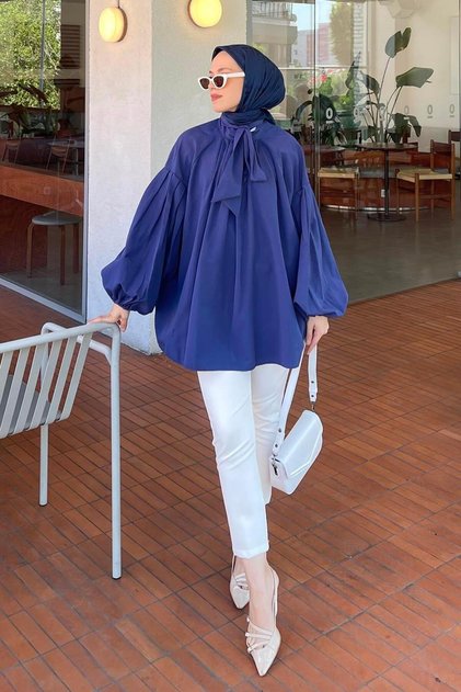 Collar Scarf Detailed Shirt Navy Blue