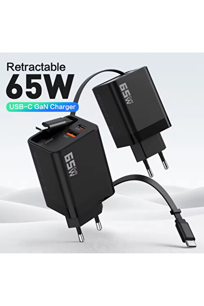 iPhone Xiaomi Samsung için Uygun Dahili Geri Çekilebilir C Tipi Kablolu 65W GaN Hızlı Şarj