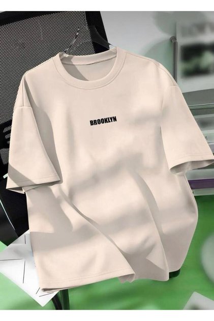 Oversized Beige Cotton Brooklyn Printed Relaxed Fit Crew Neck T-shirt Unisex
