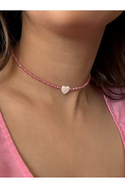 Kristal Pembe Kalpli Kolye