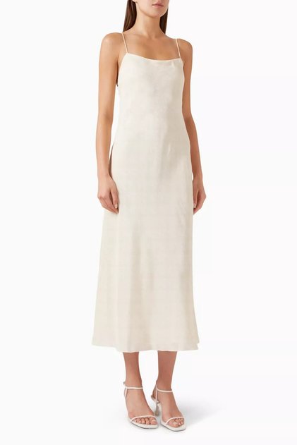 Silk Chiffon Maxi Dress, Open Back Elegant Design Cream with Artistic Pattern