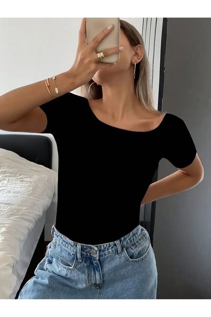 Women's Black Blouse with Back Decollete Detail