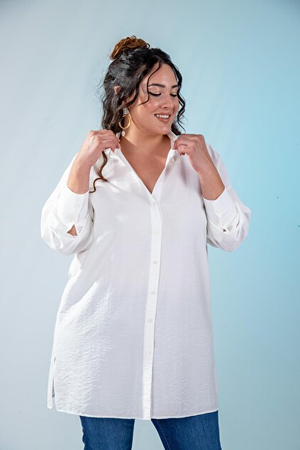 2100084 210084 Women's Plus Size Side Slit Shirt White