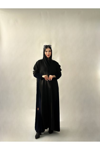 Navy blue linen and velvet side abaya