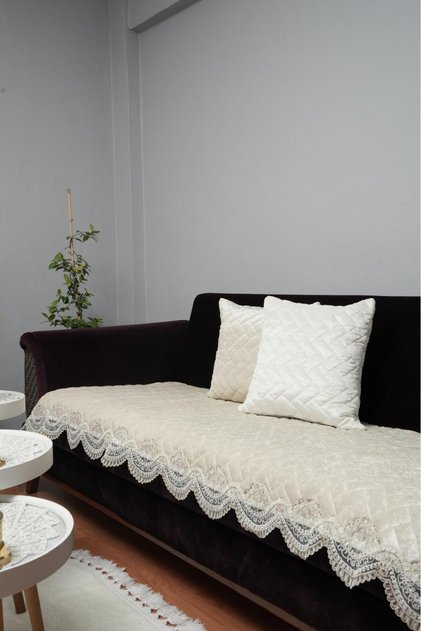 Luxury Velvet Sofa Cover with Non-Slip Base Lace Embroidered Quilted Pattern