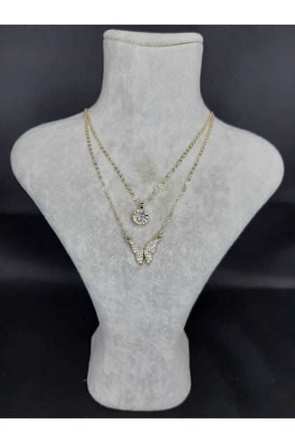 Double Layer Butterfly and Stone Detailed Gold Color Women's Necklace
