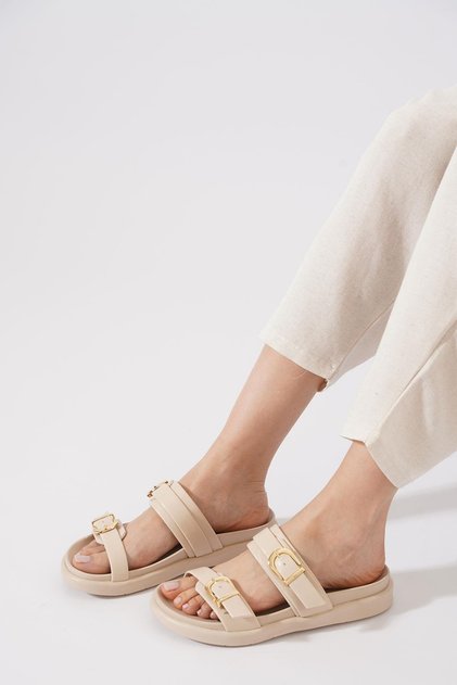 Renas double buckle women's slippers beige skin