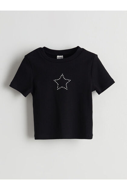 Crew Neck Stoned Girl's Crop T-Shirt