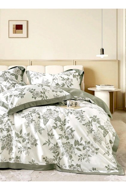 طقم لحاف من القطن الساتان بنقشة زهور، 300 خيط، حشوة قابلة للإزالة، مناسب لسرير بمقاس 200×200، 9 قطع، مقاس كينج