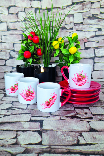 Strawberry Themed Printed Red 4-Piece Porcelain Turkish Coffee Cup Set