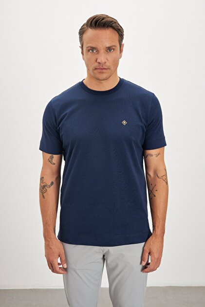 Bisiklet Yaka Basic %100 Pamuk Comfort Fit Logo Baskılı Erkek Lacivert T-Shirt