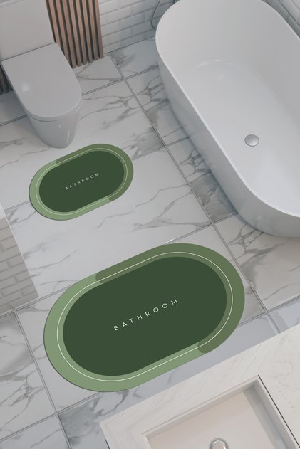 Bathroom Patterned Eco Bath Mat, Non-Slip Base, Machine Washable, Digital Printing Set of 2