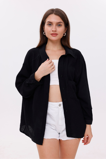 Women's Shirt Front Pocket Low Shoulder Black Women's Shirt Loose Oversized Women's Shirt