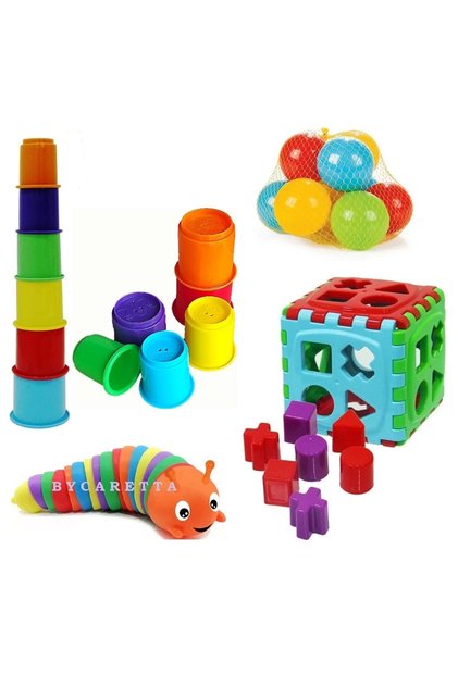 Flexible Caterpillar + Find 14 Pieces + Cute Tower 6 Pieces + 10 Pieces Pool Ball Educational Development Set