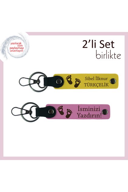 Heart Foot Themed Personal Leather Keychain Set, Yellow-Pink, the First Gift of Being a Mother-Father