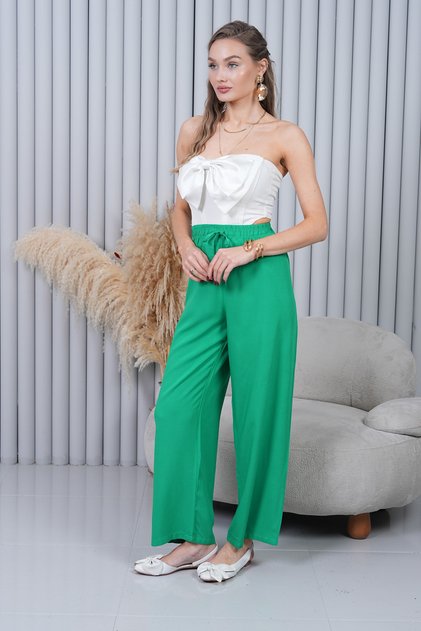 High Waist Wide Leg Green Trousers with Lace-Up Waist