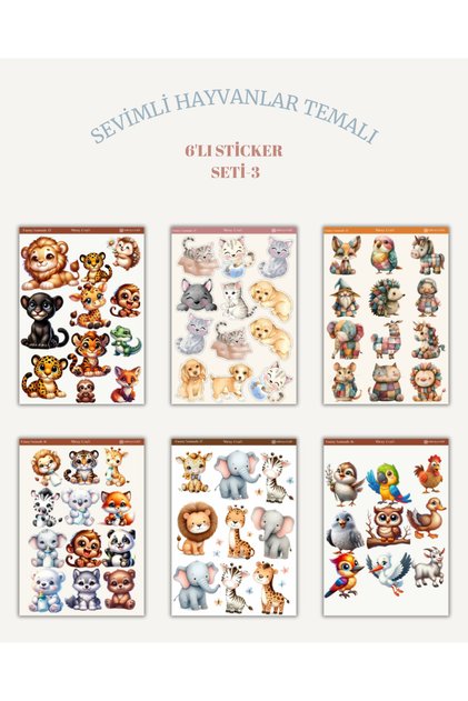 6'lı Sevimli Hayvanlar Temalı Sticker Seti–12x17 cm|Bullet Journal,Scrapbook,Ajanda ve Planlayıcı