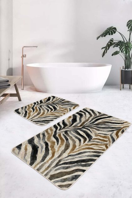 Zebra Patterned Black-Beige Modern 2-Piece Non-Slip Base Washable Bath Mat Set