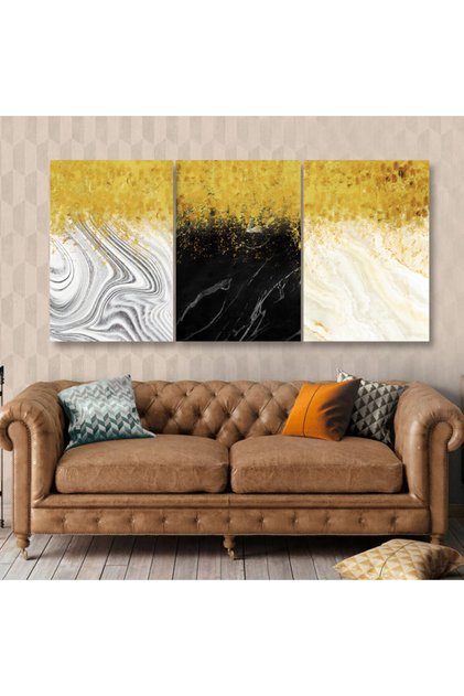 Three luxurious modern canvas paintings with a hollow champagne frame